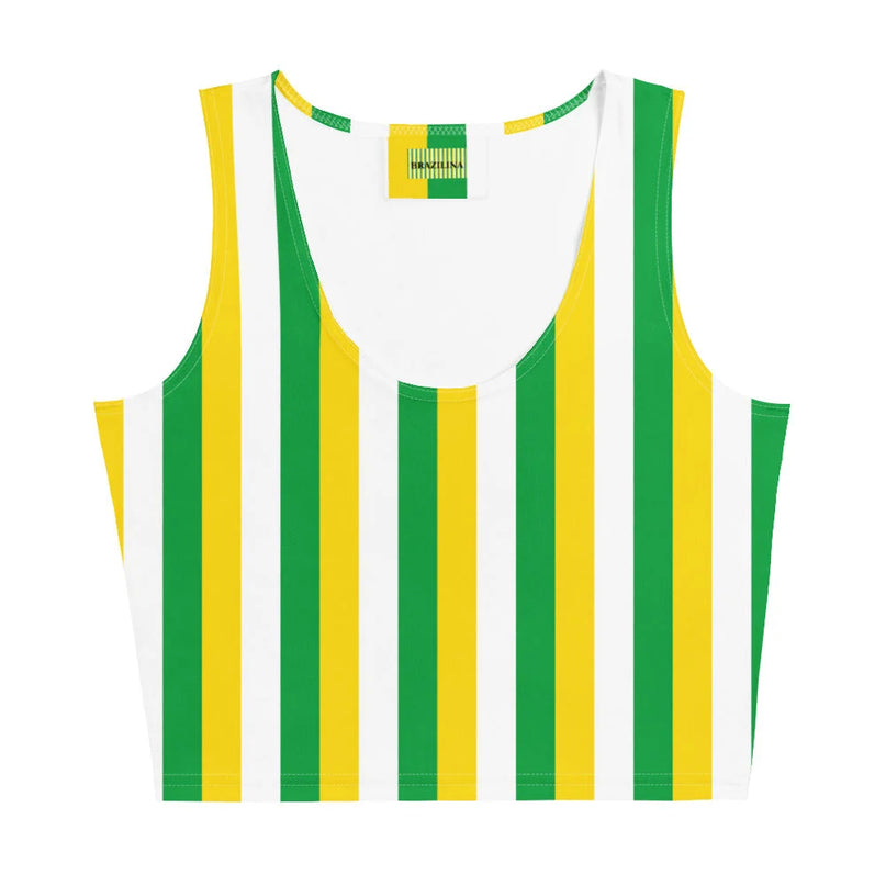 Débardeur aux couleurs brésiliennes avec des rayures verticales vertes, jaunes et blanches, inspiré par l'énergie festive du Brésil, évoquant les carnavals et traditions culturelles locales.