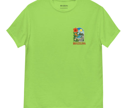 T-shirt vert vif avec un design inspiré de la culture et de la nature du Brésil. Motif tropical affichant des fleurs exotiques, des paysages luxuriants et une touche festive. Inscription 'BRAZILINA' soulignant l'énergie brésilienne. Vêtement reflétant l'harmonie entre culture et nature brésilienne, parfait pour un style joyeux et authentique.