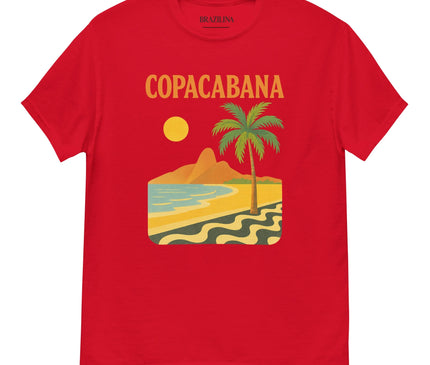 T-shirt rouge inspiré de l'ambiance exotique de Copacabana, au Brésil, avec un design tropical incluant un coucher de soleil, un palmier, une plage dorée, une mer scintillante et des motifs iconiques noirs et blancs rappelant le célèbre trottoir de Rio de Janeiro.