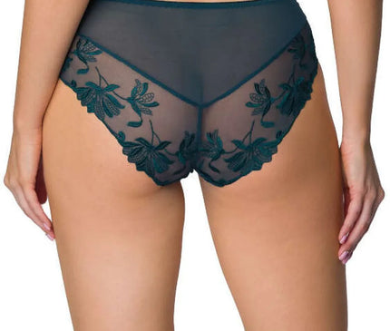Bas de bikini Zephyr en maille vert foncé, légèrement transparent à l'arrière avec des broderies florales élégantes. Coupe précise qui s'adapte parfaitement aux courbes féminines, offrant confort et sensualité pour toutes les occasions.