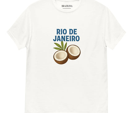 T-shirt blanc avec une illustration de noix de coco et du texte 'Rio de Janeiro' en bleu, évoquant les plages tropicales, la culture brésilienne et l'ambiance décontractée de Rio.
