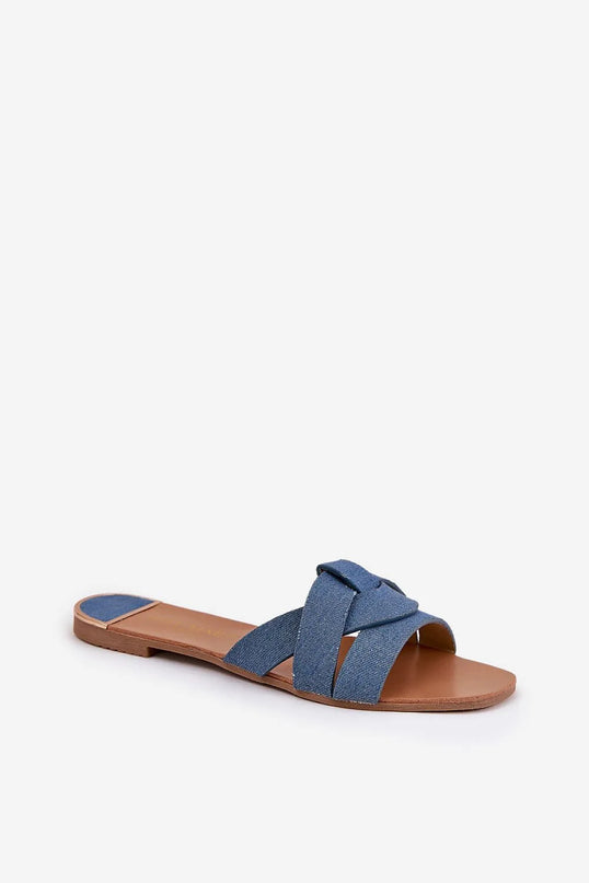 Sandales plates pour femmes en tissu textile bleu, avec des brides entrelacées à l'avant, semelle en cuir artificiel marron et talon bas de 1 cm, idéales pour un look élégant et confortable.