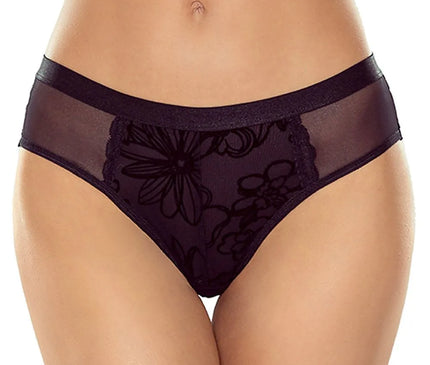 Sous-vêtement féminin inspiré de la mode brésilienne avec des motifs floraux délicats, des détails en maille transparente et une coupe flatteuse célébrant la féminité et l'élégance, faisant écho à l'esprit vibrant des plages de Rio.