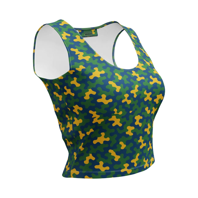 Débardeur aux motifs dynamiques et colorés inspirés de la culture brésilienne, avec des motifs géométriques en tons verts, jaunes et bleus, reflétant l'énergie festive des carnavals et la richesse de la nature tropicale. Un vêtement vibrant représentant joie de vivre et authenticité, parfait pour les amateurs de mode originale et culturelle.