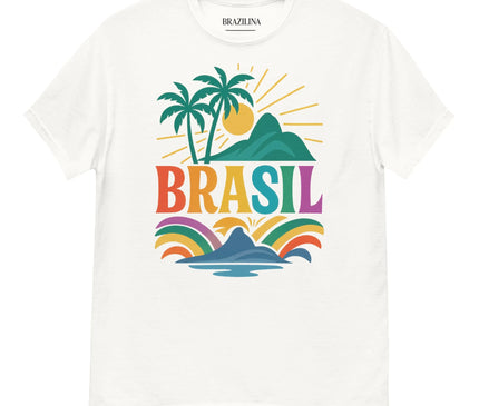 T-shirt blanc avec un design vibrant inspiré du Brésil, mettant en avant des palmiers, un soleil tropical, des montagnes et les lettres colorées 'BRASIL', représentant les paysages emblématiques et l'énergie festive de Rio de Janeiro et de la culture brésilienne.