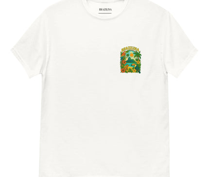 T-shirt blanc avec un design inspiré du Brésil, illustré de motifs tropicaux colorés comprenant des palmiers, des fleurs exotiques et des paysages emblématiques, évoquant la nature luxuriante, la biodiversité et la culture festive brésilienne. Idéal pour un look décontracté et une invitation au voyage.