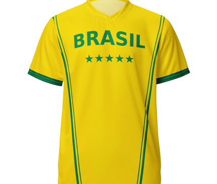 Maillot de football brésilien jaune et vert avec inscription 'BRASIL' et cinq étoiles. Design inspiré par la culture sportive et l'énergie festive du Brésil, représentant l'unité et l'enthousiasme du football dans ce pays emblématique.
