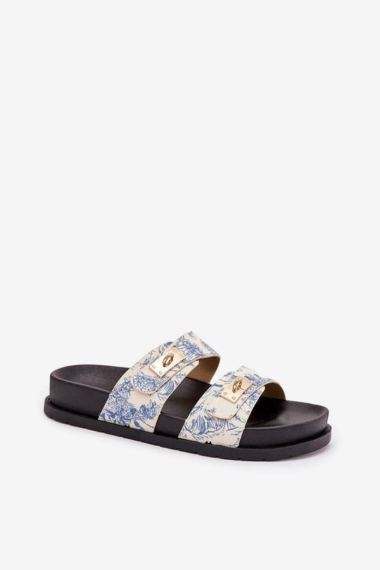 Sandales inspirées du mode de vie brésilien, avec brides imprimées aux motifs tropicaux bleu et blanc, boucle dorée élégante, semelle noire confortable, parfaites pour un style décontracté et chic en été.