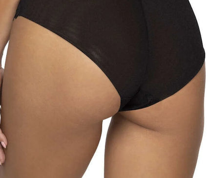 Culotte noire taille haute pour femme Elif en dentelle délicate avec motif en zigzag, dos en double tulle, confortable et élégante, idéale pour le quotidien et les grandes occasions.