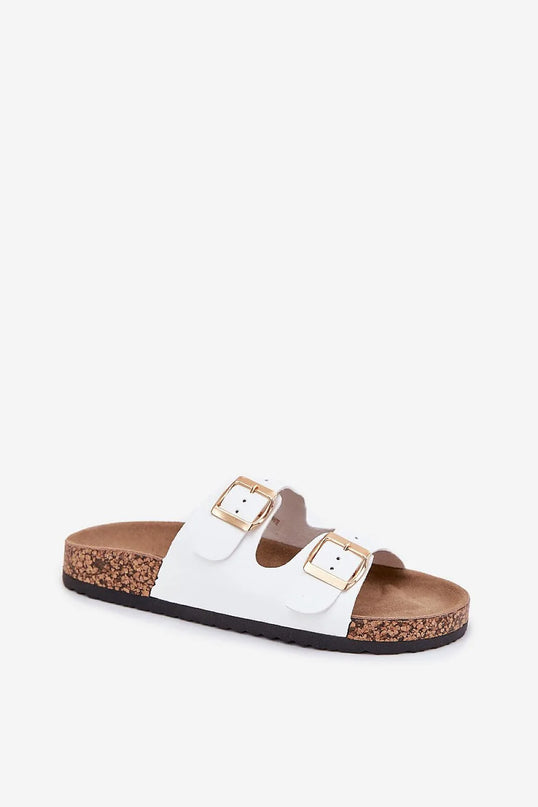 Sandales pour femmes blanches avec boucles dorées, fabriquées en cuir artificiel, semelle intérieure en cuir suédé naturel, semelle profilée de 2,5 cm, adaptées pour le confort et le soutien du pied, avec sangles réglables pour un ajustement personnalisé.