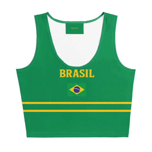 Haut court vert aux couleurs du Brésil, inscription 'Brasil' en jaune, drapeau brésilien au centre et bandes jaunes horizontales en bas, représentant l'essence festive et sportive de la culture brésilienne.