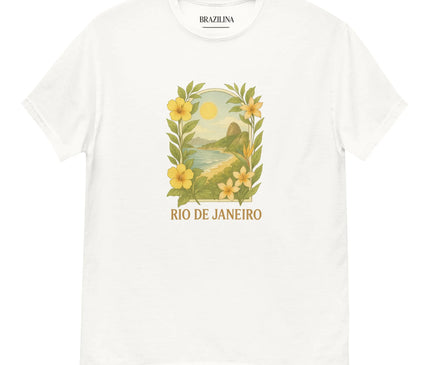 T-shirt blanc avec une illustration évoquant Rio de Janeiro : une vue colorée et ensoleillée de la côte brésilienne, entourée de fleurs jaunes tropicales luxuriantes, incarnant l'énergie festive et la richesse naturelle du Brésil. Texte 'Rio de Janeiro' en bas de l'illustration.