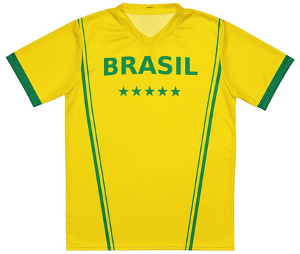 Maillot de football du Brésil jaune avec des détails verts, inspiré par la culture sportive brésilienne et l'énergie festive du pays. Le design met en avant l'inscription 'Brasil' en vert accompagné de cinq étoiles représentant l'histoire glorieuse du football brésilien. Parfait pour incarner l'esprit dynamique et chaleureux du Brésil.