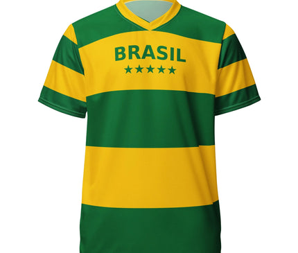 Maillot aux couleurs du Brésil avec rayures jaunes et vertes, inscription 'Brasil' et cinq étoiles, symbolisant la passion pour le football et l'énergie culturelle brésilienne.