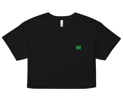 Haut noir court avec un drapeau brésilien brodé sur la poitrine, symbolisant l'élégance décontractée et la culture tropicale du Brésil, idéal pour afficher son amour pour le pays ou rêver de ses plages ensoleillées.