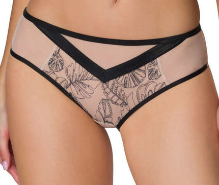 Bas de bikini Xanthe beige et noir avec tissu semi-transparent, broderies délicates et motif géométrique noir, soulignant la silhouette féminine avec élégance et modernité.