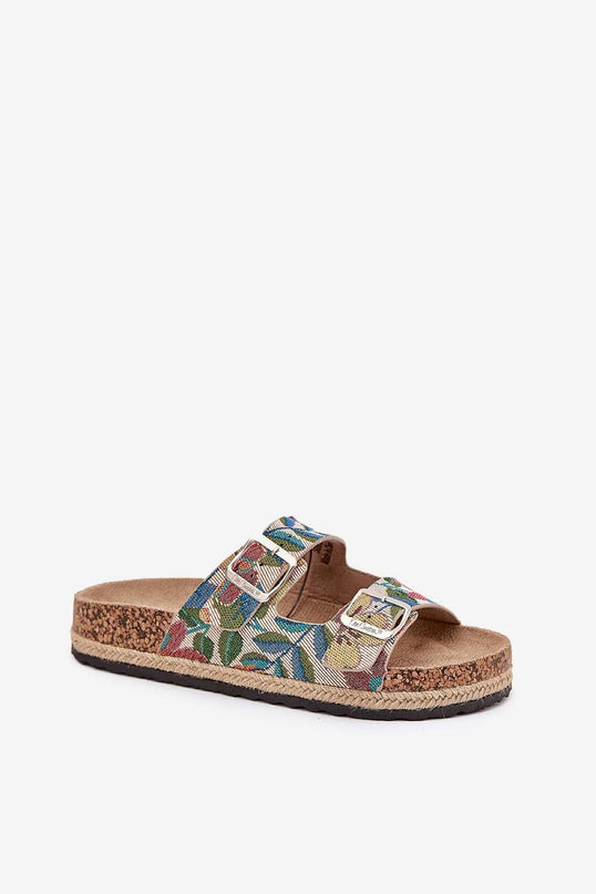 Sandales pour femmes Lee Cooper avec plateforme en liège tressé, deux brides réglables à motifs floraux colorés avec boucles, semelle profilée en cuir suédé écologique pour un confort optimal, parfaites pour l'été.