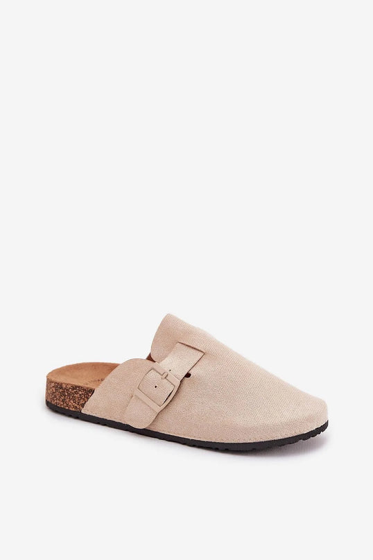 Claquettes pour femmes en cuir suédé écologique beige avec semelle en liège, bouts fermés pour protection, boucle ajustable, semelle profilée de 2,5 cm pour un confort optimal et design à la mode.