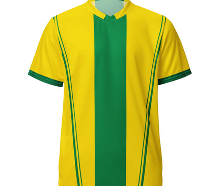 Maillot de sport inspiré du Brésil, design jaune et vert avec des rayures verticales vertes, évoquant l'énergie vibrante et l'esprit festif du pays, idéal pour le football ou les célébrations brésiliennes comme le Carnaval.