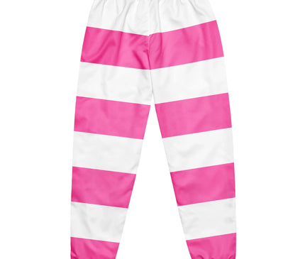 Pantalon décontracté à rayures horizontales roses et blanches, inspiré de la mode urbaine brésilienne. Design vibrant rappelant l'esprit festif et dynamique des grandes villes comme Rio de Janeiro, parfait pour un style unique et affirmé.