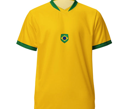 Maillot de football jaune et vert inspiré par l'énergie et le patrimoine sportif du Brésil, avec un design épuré représentant la passion et l'identité nationale brésilienne.