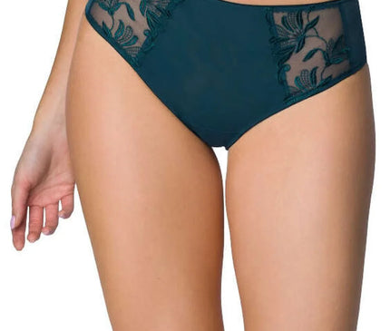 Bas de bikini Zephyr en maille délicate vert foncé, avec broderies florales élégantes, légèrement transparent à l'arrière, coupe confortable et adaptée aux courbes féminines.