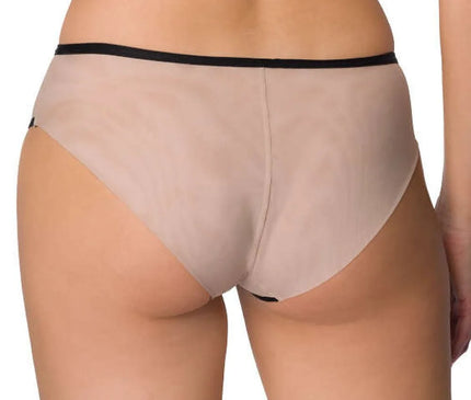 Bas de bikini Xanthe beige et noir pour femme, fabriqué dans un tissu délicat et semi-transparent avec des motifs subtils. Design élégant et moderne soulignant la silhouette, parfait pour allier féminité, confort et style en toutes occasions.