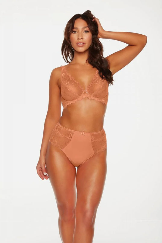 Ensemble de lingerie inspiré de la culture brésilienne, comprenant un soutien-gorge et une culotte taille haute en dentelle couleur terracotta, associé à un design délicat et élégant, idéal pour sublimer la silhouette et évoquer la sensualité et l'énergie tropicale.