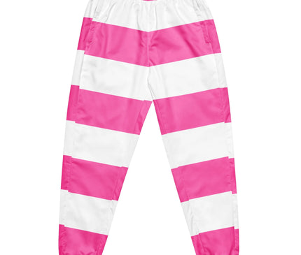 Pantalon décontracté à rayures blanches et roses, inspiré de l'esprit brésilien et de la mode urbaine vibrante. Idéal pour un style unique combinant confort, esthétisme et ambiance festive, parfait pour bouger ou refléter la joie de vivre brésilienne.