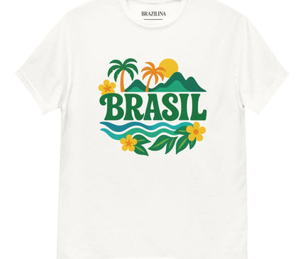 T-shirt blanc avec un motif vibrant inspiré du Brésil, incluant des palmiers, des montagnes, un soleil jaune et des fleurs jaunes, évoquant les paysages tropicaux et l'énergie festive de ce pays.